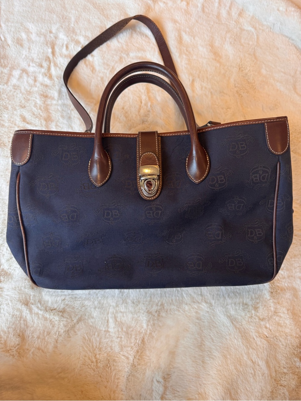 Vintage Dooney & Bourke Brown Trim Navy Logo Tote Bag